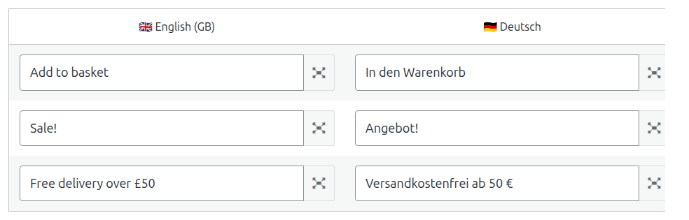String Translations close-up: two language columns side-by-side — 'English (GB)' and 'Deutsch' — with three rows: 'Add to basket' / 'In den Warenkorb', 'Sale!' / 'Angebot!', 'Free delivery over £50' / 'Versandkostenfrei ab 50 €'. Click to open the wider four-language view with more rows.