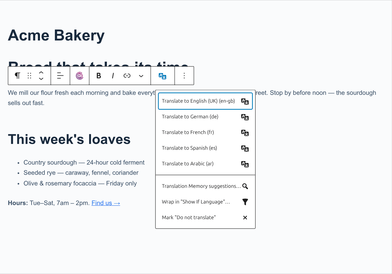 WordPress block editor with a paragraph block selected; the PerfLocale toolbar dropdown is open showing 'Translate to English (UK)', 'Translate to German', 'Translate to French', 'Translate to Spanish', 'Translate to Arabic', plus 'Translation Memory suggestions', 'Wrap in Show If Language', and 'Mark Do not translate'.
