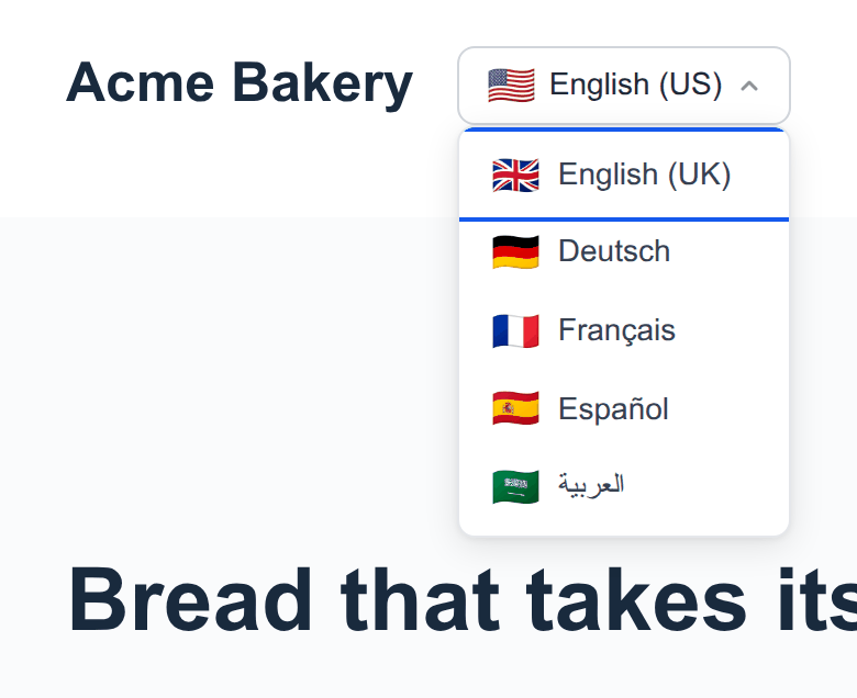 Front-end language switcher close-up: 'Acme Bakery' brand next to the open dropdown showing English (US) at the top and English (UK), Deutsch, Français, Español and العربية with country flags below. Click to see the full storefront header.