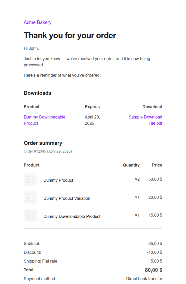 WooCommerce order-confirmation email in English: 'Thank you for your order' heading, 'Hi John' greeting, downloads section, and the start of the order summary table in dollars.